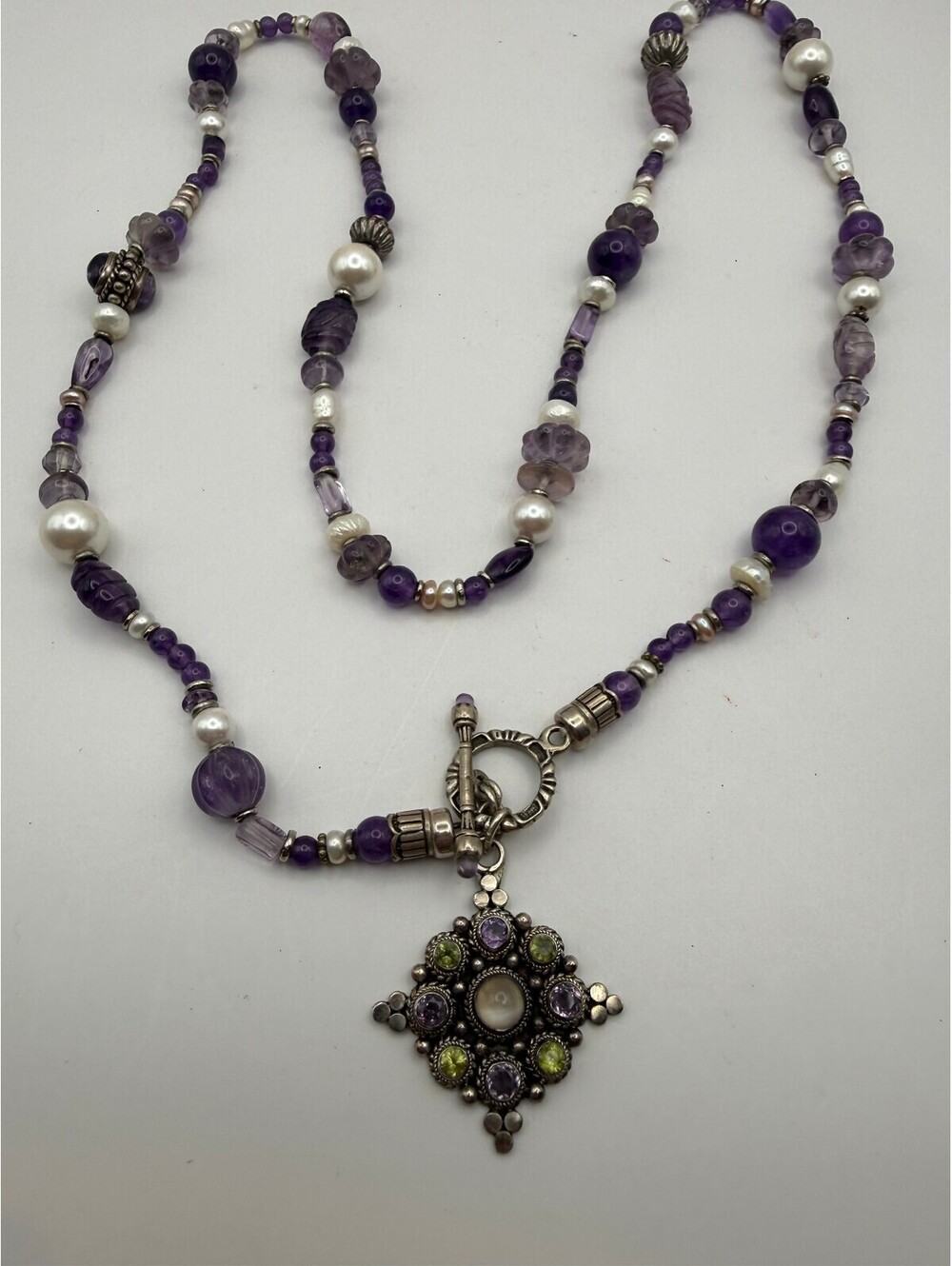 925 Sterling Silver Amethyst Pearl Peridot Gemstone Beaded Pendant Necklace